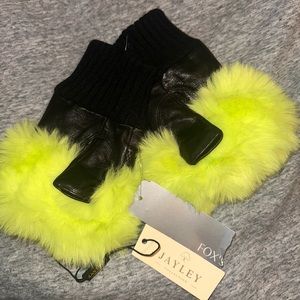 Lime green faux fur & leather gloves